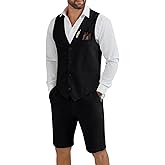 Tiefony Men's Linen 2 Piece Suit Slim Fit Wedding Groom Groomsmen Summer Vest Shorts Set