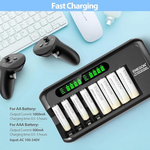 ENEGON AA AAA Rechargeable Battery Charger with LCD Display - 8 Independent Slots - Smart Ni-MH/Ni-CD Fast Charger with Protection - 100-240V AC Adapter