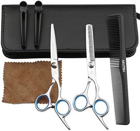 6.0" Silver Hair Cutting Thinning Scissors / Shears Set / Kit With Comb And Clips - For Home use / Barber Students (Blue inserts)