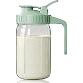 Breast Milk Pitcher, Mason Jar 32 oz, Heavy Duty Wide Mouth Jar with Green Flip Cap Lid and Pour Spout, Airtight Seal for Fre