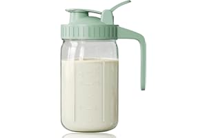 Breast Milk Pitcher, Mason Jar 32 oz, Heavy Duty Wide Mouth Jar with Green Flip Cap Lid and Pour Spout, Airtight Seal for Fre