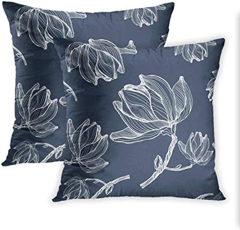 Nekkzi Cushion Covers Set of Two Print Blue Sketch Botanical Magnolia Branche and Flower in Vintage Sofa Home Decorative Throw Pillow Cover 16x16 Inch Pillowcase Hidden Zipper