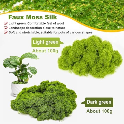 KOWVOWZ Artificial Moss for Potted Plants, 200g Natural Fake Green Moss Grass, Faux Filamentous Decor, DIY Crafts Fake Grass for Parties Art Landscape Table Centerpieces Gardening