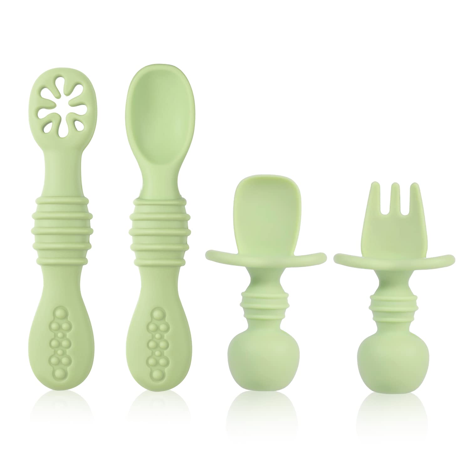 4pcs Silicone Baby Spoons Self Feeding 6+ Months, BPA Free Baby Led Weaning Spoons Training Spoon Toddler Self Feeding Utensils Silicone Handles for 6-12 Months Babies (Matcha Green)