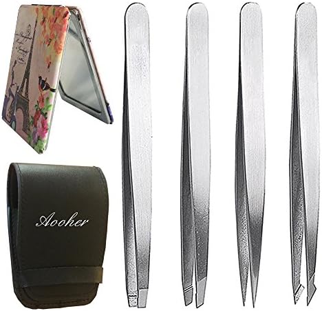 4 Piece Tweezers Set, Aooher Professional Stainless Steel Eyebrow and Splinter Ingrown Hair Removal Tweezers with Travel Case and Mini Foldable Magnify Mirror