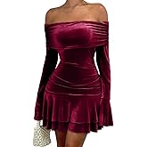 LAGSHIAN Women's Sexy Velvet Off Shoulder Long Sleeve Ruffle Hem Bodycon Ruched Cocktail Party Mini Dress