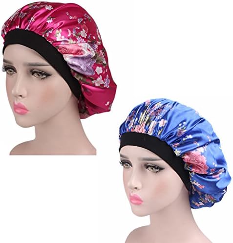 Floverish 2 Pack Women's Satin Sleep Cap for Hair Wide Band Elastic Sleep Bonnet Hair Styling Hat Night Cap (Blue+Red)