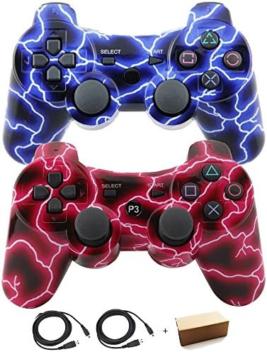 Kolopc Wireless Bluetooth Controller For PS3 Double Shock - Bundled with USB charge cord … (Blue Lightning and Red Lightning)