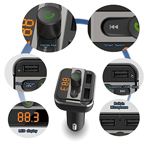 FM Transmitter Wireless Bluetooth FM Transmitter Car Kit Radio Receiver with 5V/2.1A USB Charger Output Support USB Flash Driver and Micro SD Card with AUX