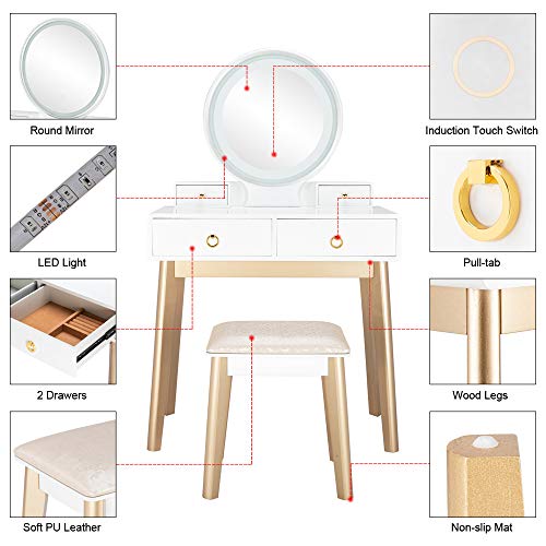 Vanity Table Set with Lighted LED Mirror, 3 Color Touch Screen Dimming