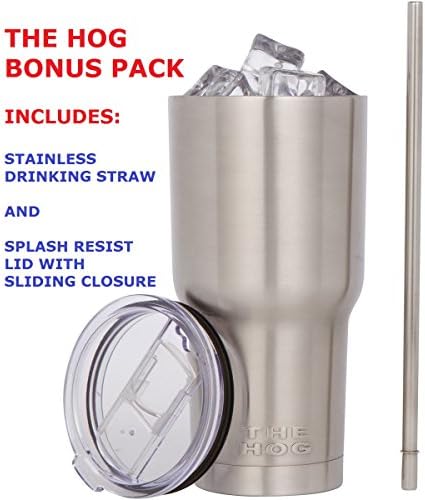 Stainless Steel 30oz Large Tumbler With Splash Resist Lid & Bonus Stainless Drinking Straw, THE HOG Insulated Travel Mug for Hot Coffee or Cold Drinks