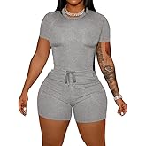 HBQ Women‘s 2 Piece Outfits Summer Sweatsuits Biker Short Workout Sets