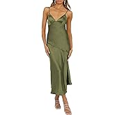 HKMECRI Summer Satin V Neck Silp Midi Dress for Women Wedding Guest 2025 Sexy Spaghetti Strap Backless Long Dresses with Slit