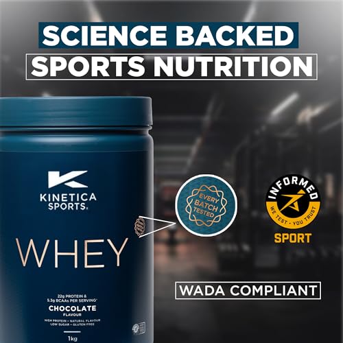 Kinetica Sports Whey Protein Powder - Chocolate, 1 Kg, 33 Servings | 23g Protein, 5.5g BCAA Amino Acid & 4.32g Glutamine | Recovery Shake for Optimum Nutrition | WADA & Informed Sport Approved