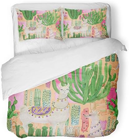 SanChic Duvet Cover Set Alpaca Watercolor Painting Llamas and Cacti Peru Pet Decorative Bedding Set with 2 Pillow Cases Full/Queen Size