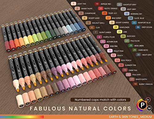 36 Acrylic Paint Pens Skin and Natural Earth Tone Marker Set For Rock Painting, Canvas, Mugs, Glass, Plastic, Wood, Metal, Fabric, Scrapbooking, Most Surfaces. Quick Drying Waterbased (MEDIUM)