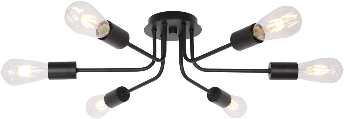 Semi Flush Mount Ceiling Light Fixture 6-Light Modern Sputnik Chandelier Lighting Black Vintage Metal Ceiling Lamp E26 Living Room Light Fixtures for Kitchen Dining Room Bedroom Foyer