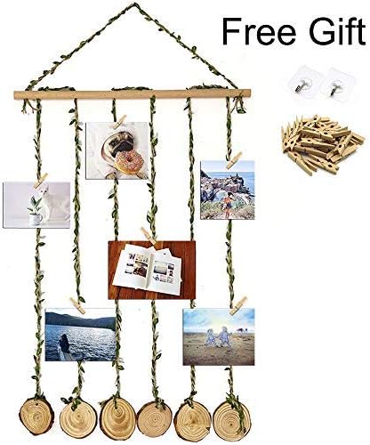 ZALALOVA Hanging Photo Display, DIY Pictures Organizer with 25Pcs Wooden Clips 2 Hooks and Adjustable Hemp Rope Home Party Decor Photo Frame for Hanging Photos Artwork Notes