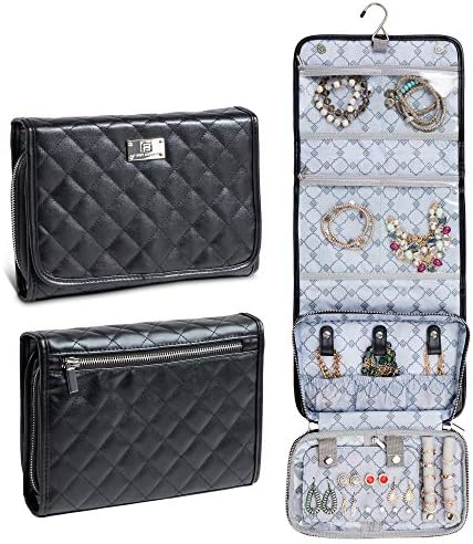 Travel Jewellery Organiser Hanging Jewellery Roll Case Large Portable Storage for Necklaces, Rings, Watches, Cosmetics - Quilted Leather