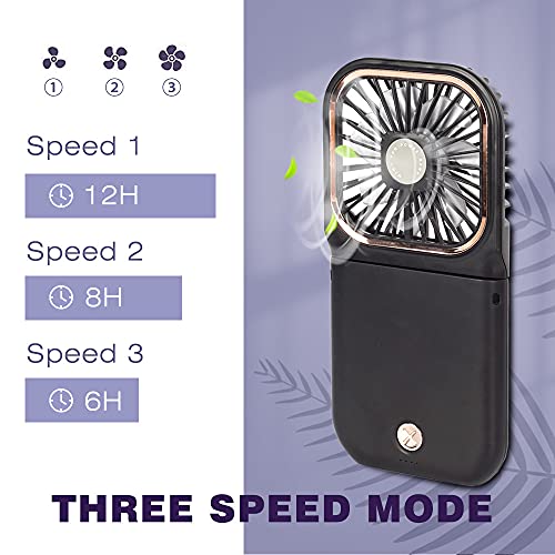 Portable Mini Fan - 5 in 1 with Power Bank, Phone Holder, Handheld & Desk Fan - USB Rechargeable, 3000 mAh Power Bank, 3 Speed Adjustable, Neck Lanyard - Black