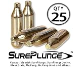 SurePlunge Co2 Cylinder - Qty 25 Cylinders in 5-Pk Box Kit (8g Single-use, Mr.Pung, Mr.Pung Mini, Kleer Drain)
