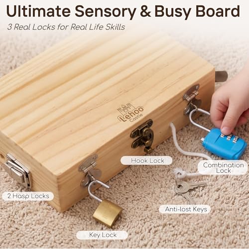 Lehoo Castle Montessori Games 3 4 Years, Wooden Tool Box Toy for 3 Years, Busy Board with Lock and Key, Educational Games Gift Child 3 4 5 Years Boy Fill
