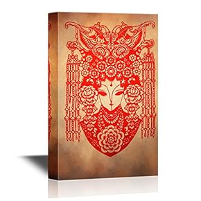 Chinese Culture Canvas Wall Art - Chinese Paper Cutting Art of a Woman Wearing Beautiful Headwear - Gallery Wrap Modern Home Art | Ready to Hang - 12x18 inches