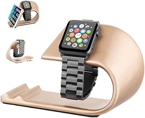 Phone&Apple Watch Stand, TenSteed Apple Watch Sturdy Aluminum Paint Platform, Charging Dock Station Holder for iWatch 38mm/42mm (Gold)