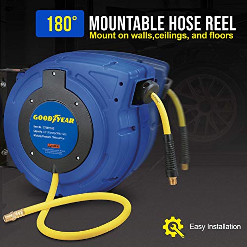 Goodyear Air Hose Reel Retractable 3/8" Inch x 50' Foot Hybrid Polymer Hose Max 300PSI