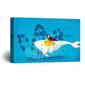 Hand Drawing Style Mystical Girl Sitting on a White Whale Gallery 12x18 inches