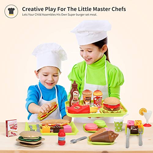 GeyiieTOYS 36 Stück Spiellebensmittel Kinderküche Lebensmittel Essen Spielen Set, DIY Hamburger, Schneiden Obst… – Bild 6