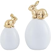 DN DECONATION Easter Bunny Decorations, 2 Pcs Cute Gold Rabbit Sit on White Eggs Figurines for Spring Indoor Home Decor, Porcelain Rabbit Statues Table Centerpiece Mantel Tray Decor Gift