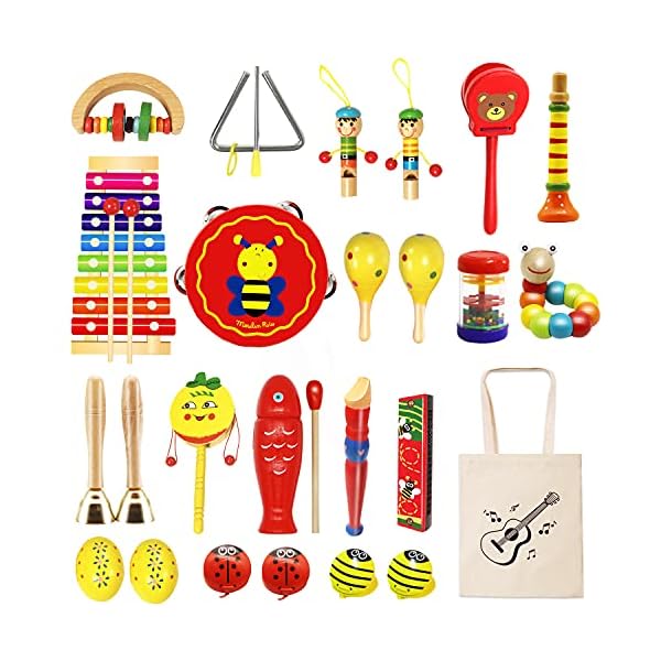 Only Better Toddlers Musical Instruments Wooden Music Toys 24 Pcs Musical Percussion Drum Set for 3 4 5 Years Olds 36…