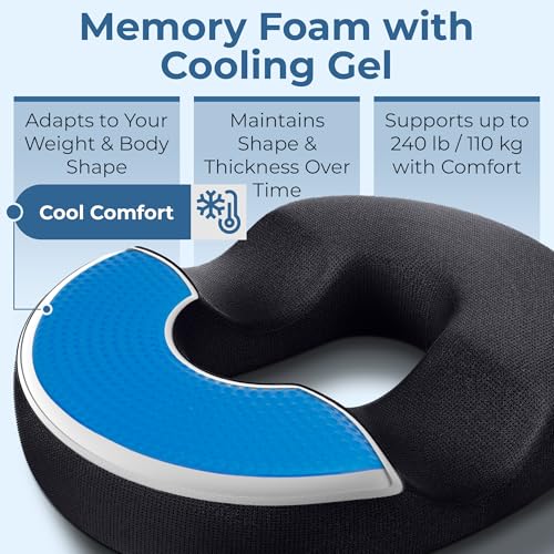5 STARS UNITED Donut Cushion – Large Memory Foam Pillow with Cooling Gel – Tailbone & Coccyx Support – Hemorrhoid-Friendly Ring Shape – Office Chair, Car, Desk & Wheelchair – Arctic Black