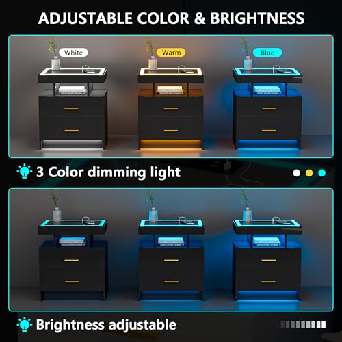 Gurexl Bedside Table with Charging Function, Nightstand with Glass Top and LED Lights, Modern Bedroom Furniture with Two Drawers and Wireless Charging for Bedroom, Living Room, Office, Black