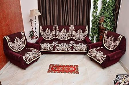 Decorista Velvet and Cotton 3+2 5 Seater Sofa Cover (Red, mehroondhanush)