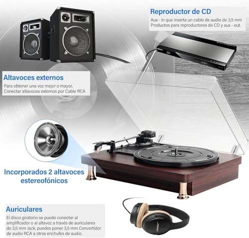 Tocadiscos Totalmente Automático con Transmisión por Correa, Velocidades de 33/45 RPM,Bluetooth Toca Discos de Vinyl, con Altavoces Estéreo Audio Technica 3 Velocidades de Reproducción Vinilos(Negro)