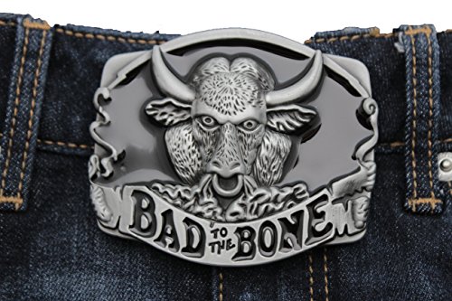 TFJ Men Belt Buckle Western Fashion Metal Bad To The Bones Buffalo Bull Silver