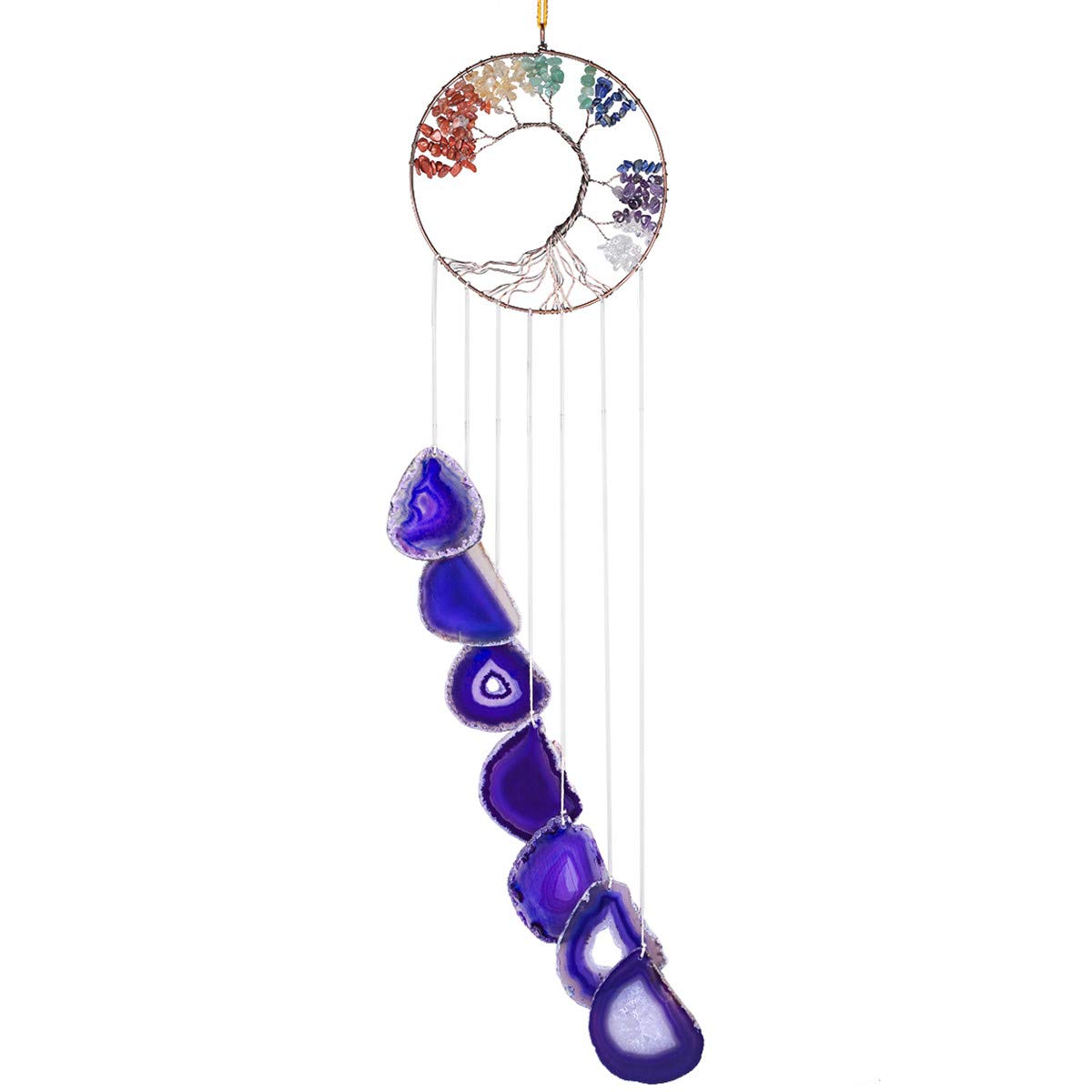 KYEYGWO 7 Chakra Healing Crystal Wall Hanger Ornament Handmade Tree of life with Purple Agate Slice Wind Chime for Window Home Wedding Souvenir Decoration