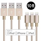 SUMOON 3 Pack 10FT Nylon Braided Lightning USB Charging Cables Cord for iPhone 5/5S/5C/SE 6/6S 6 Plus/6S Plus 7/7 Plus, iPad Mini/Air/Pro iPod Touch/Nano 7 (Gold)