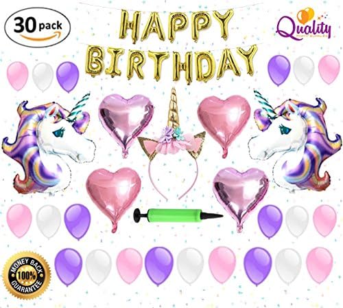 Quality Party Supplies Unicorn Party Supplies and Decorations for Kids, Cute Glitter Unicorn Headband for Birthday Girl, Foil &amp; Latex Balloons, Gold Happy Birthday Banner w/FREE Air Pump