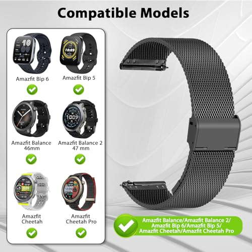 CHULN Watch Band Compatible with Amazfit Balance/Balance 2/Bip 6/Bip 5/Cheetah/Cheetah Pro Adjustable Metal Stainless Steel Replacement Strap for Smartwatch.(Not Host)