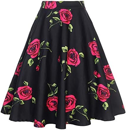 Yanmei Women's 50s Vintage Floral Skirt High Waisted A Line Casual Midi Skirts