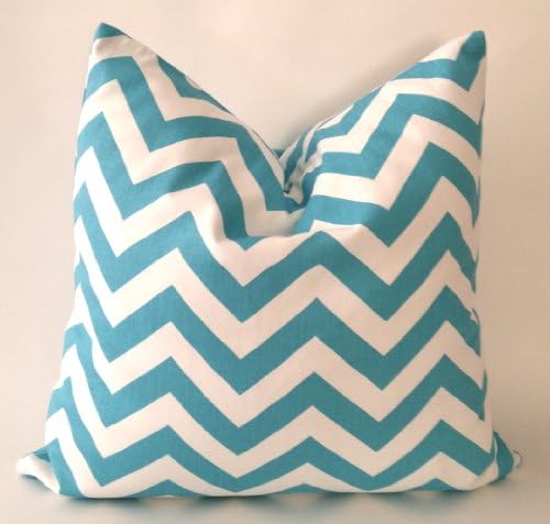 Set of 2 Chevron- Zig Zag Print Design Decorative Throw Pillows Covers -Medium Weight Cotton Print- Invisible Zipper Closure (Aqua/ White, 18x18 Pillow cover only)