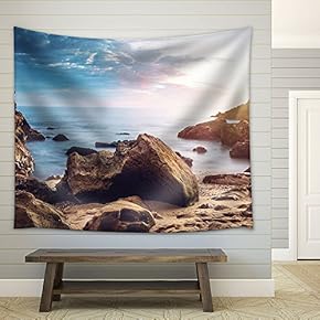 Seashore with Rock Stones Under The Sunset - Fabric Wall Tapestry Home Decor - 51x60 inches