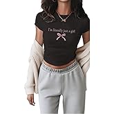 QJQ Women's Letter Graphic Bow Short Sleeve Crewneck Crop Tops Y2K Slim Fit Cute T Shirts Casual Trendy Tees