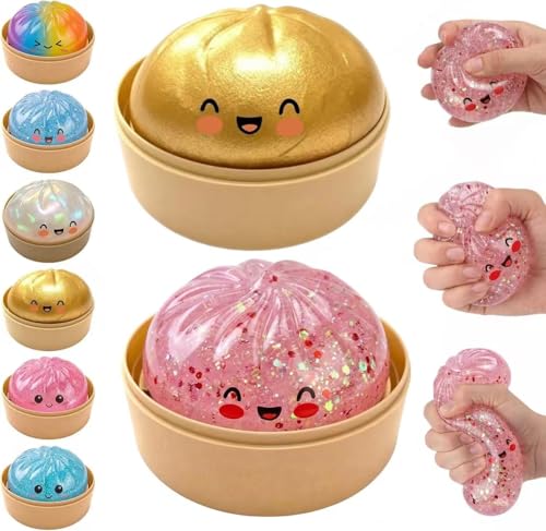 ORCHID M® 2 Pcs 3.1" Big Glitter Dumpling Squishy, Dumpling Box, Colorful Dumplings Stress Balls Fidget Sensory Toys, Stress Relief Squeeze Fidget Toy for Kids Adults (Pink, Gold)