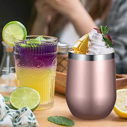 Stemless Wine Tumbler with Lid and Straw, Bastwe 4 Pack 12oz Stainless Steel Wine Glass, Double Wall Insulated Wine Tumbler for Champagne, Cocktail, Beer, Coffee, Drinks (Rose Gold) - Thumbnail 6