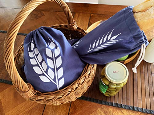 Cotton Bread Bags for Artisan Homemade Bread - Reusable Food Storage - Baguette, Sandwich and Boule Loaf Size - Drawstring Bread Bag - Set of 3