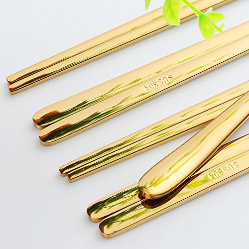 Buyer Star 4 Set Spoon Chopsticks, Gold Reusable Metal Stainless Steel Korean Chopstix Spoon Set